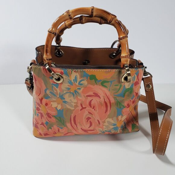 Patricia Nash Purse Watercolor Brown Leather Floral Bamboo Handle Crossbody - Picture 1 of 11